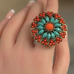 Heidi Daus Style Bohemian Chic Coral & Turquoise Statement Ring